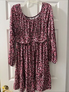 Girls Pink Floral Long-Sleeve Dress